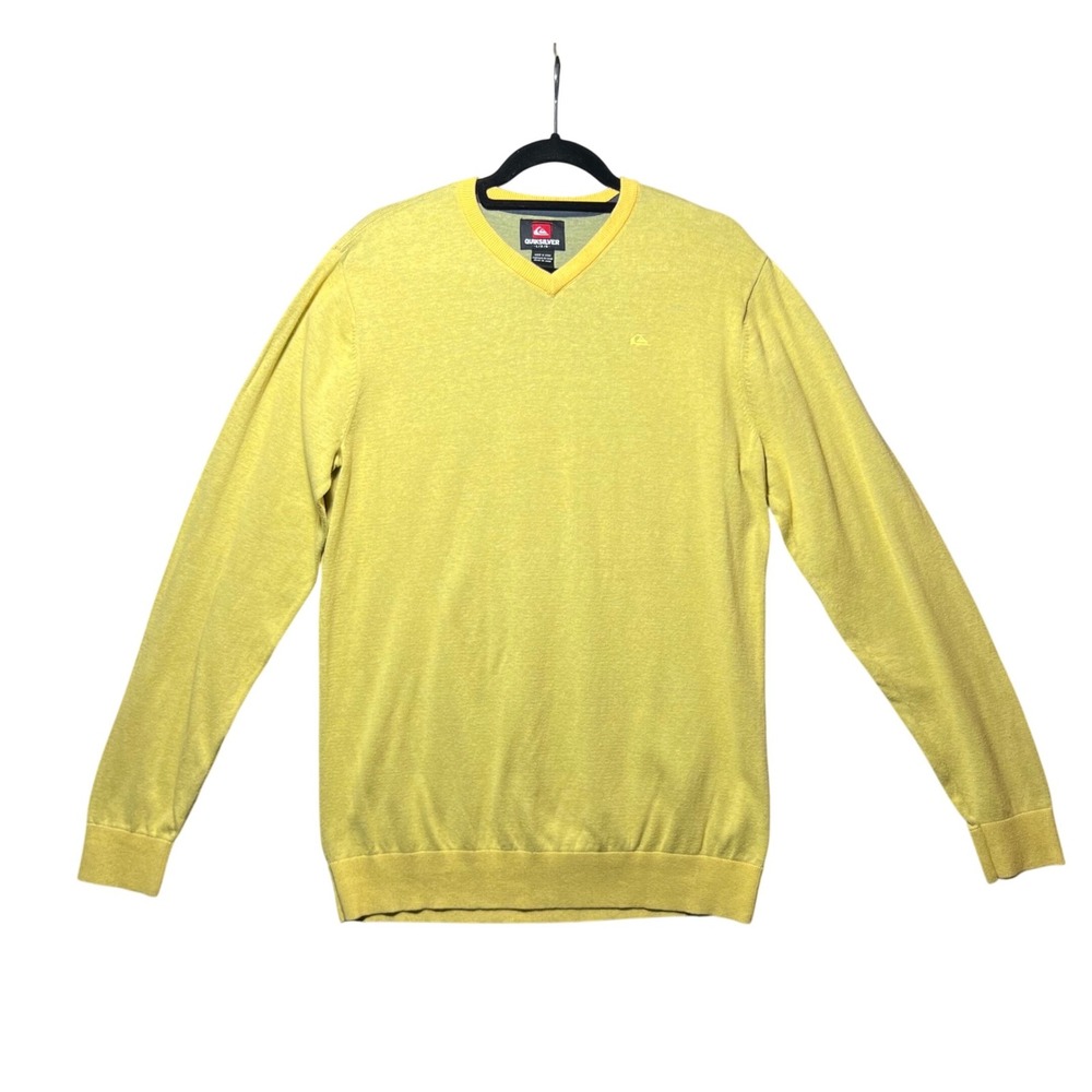 Quiksilver Mens Large Yellow V Neck Knit Sweater Lightweight Pullover Surf Skate